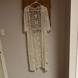 Suzy Shier Cream Lacey Long Tunic/Shrug/Cardigan